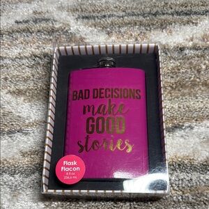 Pink Flask with Gold Text. New in gift box. Bad Decisions make good stories
